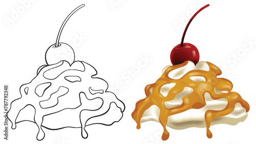 Vector illustration of dessert with cherry and syrup