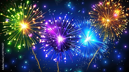Colorful fireworks display with three different colored fireworks