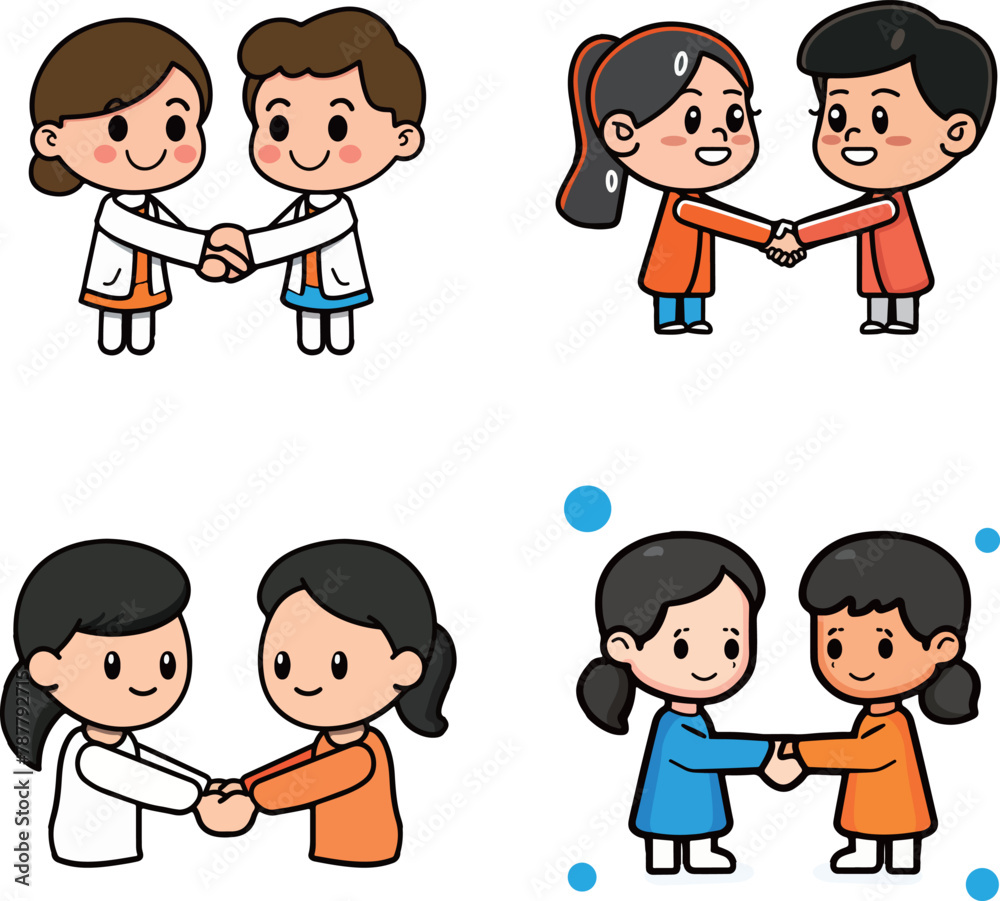 A colorful illustration displaying four pairs of characters in different outfits and colors, each pair shaking hands in a friendly greeting.
