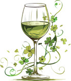 An elegant glass of white wine entwined with whimsical green vines and soft yellow flowers, creating a magical springtime atmosphere.
