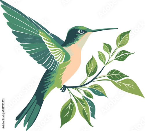 A digital illustration capturing a hummingbird mid-flight, its wings spread wide, hovering over a sprig of lush green leaves.
