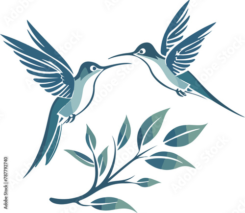 A digital illustration capturing a hummingbird mid-flight, its wings spread wide, hovering over a sprig of lush green leaves.
