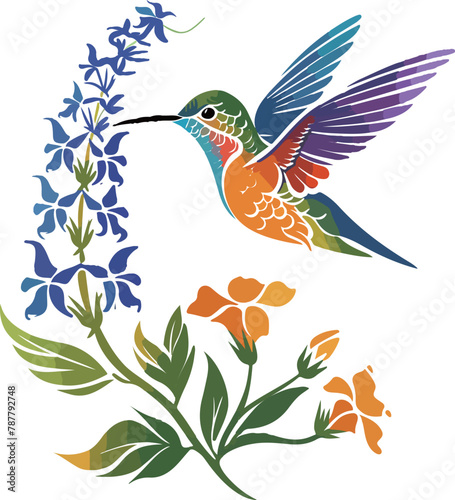 A digital illustration capturing a hummingbird mid-flight  its wings spread wide  hovering over a sprig of lush green leaves. 