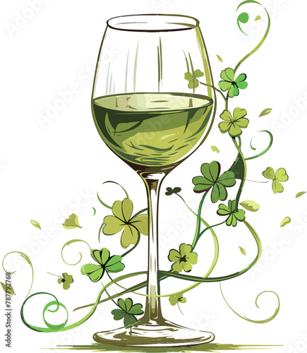 An elegant glass of white wine entwined with whimsical green vines and soft yellow flowers, creating a magical springtime atmosphere.

