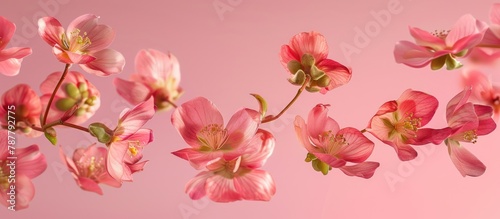 Fresh quince blossoms, lovely pink flowers floating in the air against a pink backdrop. Captured in a high-resolution image, these spring flowers convey a sense of zero gravity or levitation. © Vusal