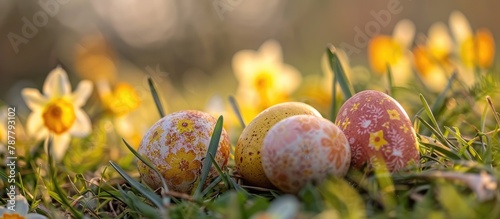 Easter eggs tucked away amidst the daffodil-covered grass.
