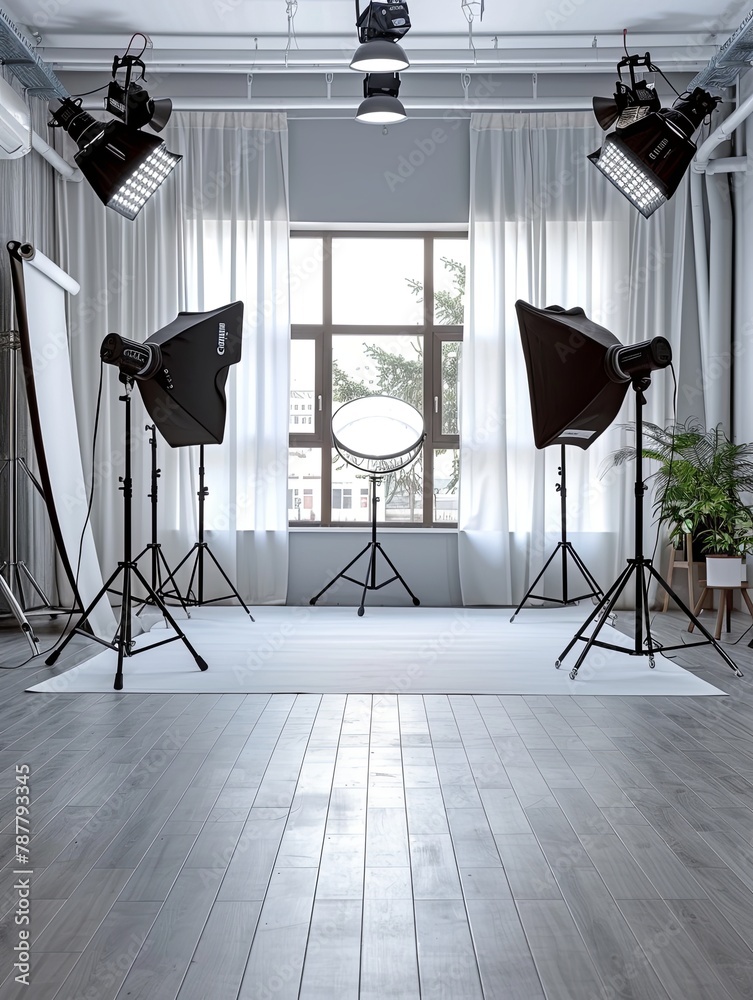 Photo studio with white background and large windows