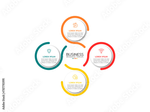 Circle infographic template with four steps or options with icons, process chart, process step.
