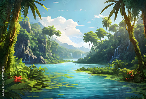 A winding jungle river cutting through the heart of a lush tropical forest, its tranquil waters teeming with exotic wildlife and hidden mysteries waiting to be discovered vector art illustration image