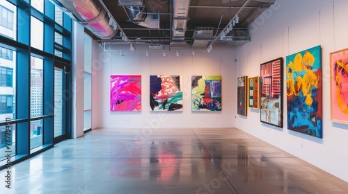 A gallery wall displaying a collection of vivid and colorful contemporary artworks in a brightly lit interior space.