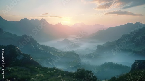 A majestic mountain range shrouded in mist and bathed in the soft glow of sunrise, with rugged peaks piercing the sky and verdant valleys spread out below, a scene of timeless beauty 