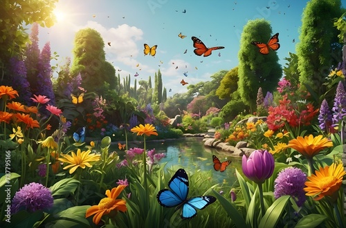 A lush botanical garden teeming with an abundance of spring flowers and whimsical butterflies flitting from bloom to bloom vector art illustration image.
 photo