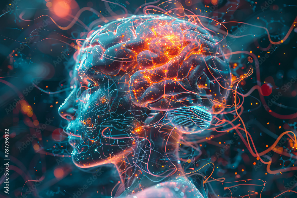 An illustration of a person's brain with AI related concepts integrated into the neural network. An illustration of a person's brain with AI related concepts integrated into the neural network.