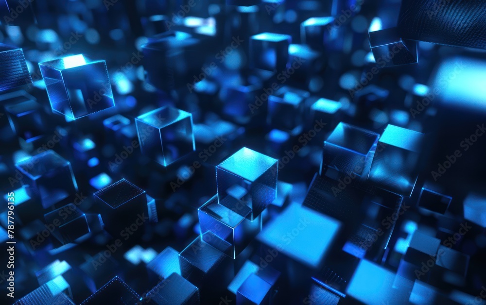 glowing blue cube abstract background , 3D abstract background, many cubes with neon blue light,science technology concept glowing blue cube abstract background , 3D abstract background, many cubes with neon blue light,science technology concept