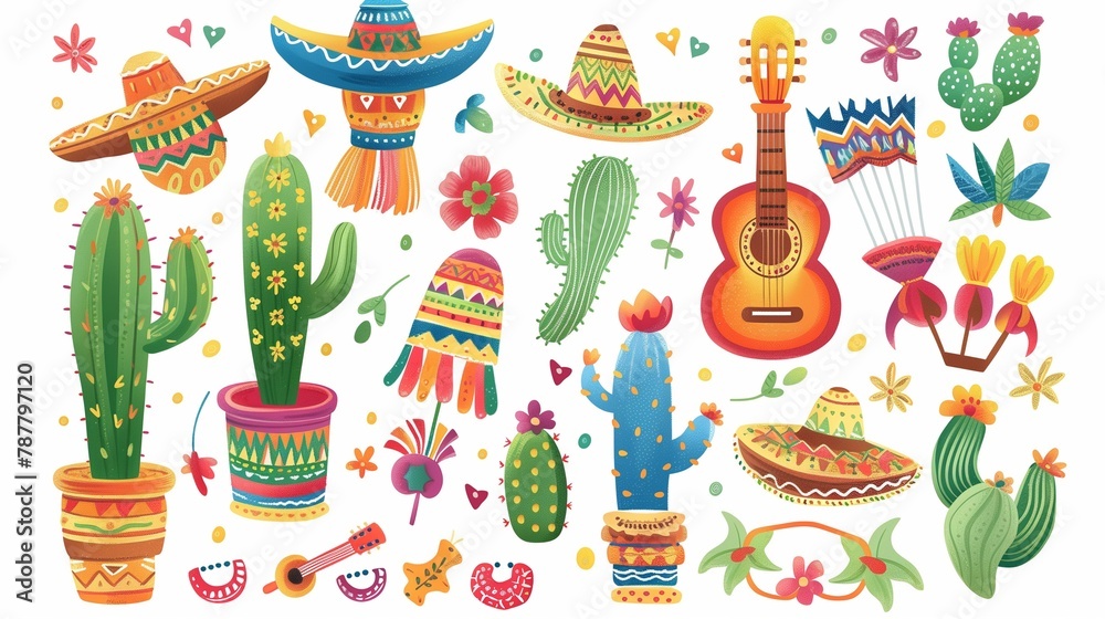 Cartoon Set of Mexican Party Accessories - Pinata, Guitar, Maracas, Sombrero, Cactus. Child Birthday Elements. Vector Illustration.