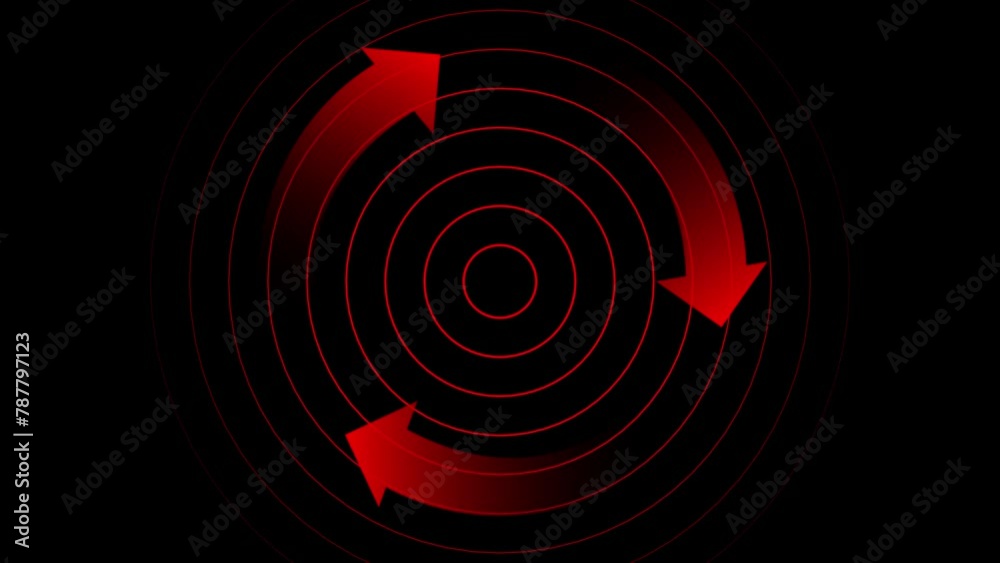 Recycling symbol or rotating cycle with radio waves on black screen. Three red arrows rotate on the black screen. Rotating arrows animation