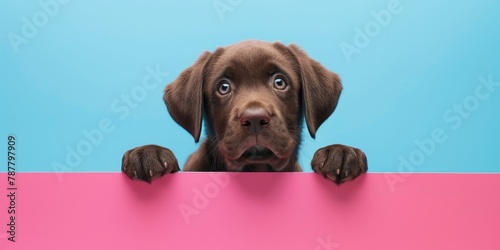   A brown dog gazes over a pink-and-blue wall, paws poised at its edge photo