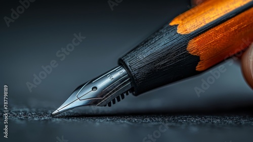   A tight shot of a fountain pen with an ornamented tip displaying black and orange stripes © Jevjenijs
