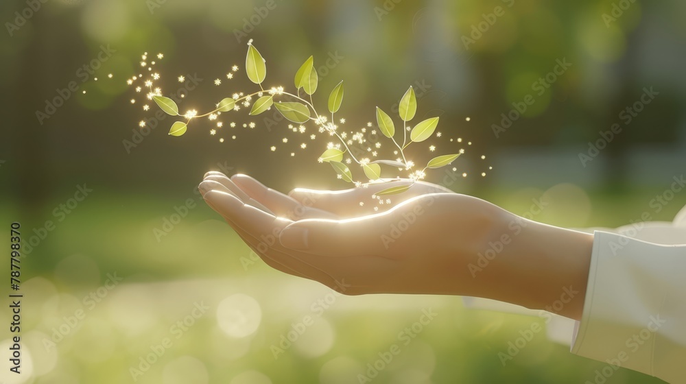   A hand holds a sprouting leaf bouquet in bright sunlight ..Or, for a more descriptive version:..A hand cradles a tender