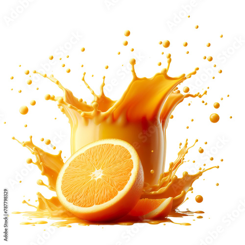 Cup of orange juice splash on white background simple with drops in high resolution realistic image isolated PNG © JetHuynh