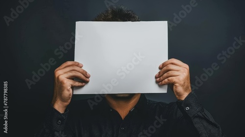  A man shielding his face with a paper sheet and hands