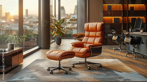  A brown leather chair and ottoman face a city view through the window In the room's corner, a potted plant adds life