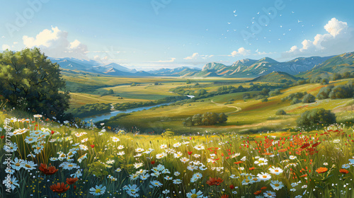 Serene Landscape: Rolling Hills, Wildflowers, Winding River