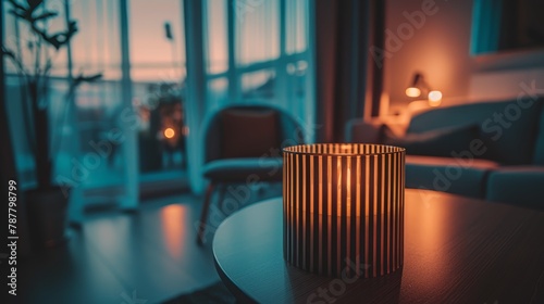   A candle sits on a table in the living room, with the cityview accessible through the window photo