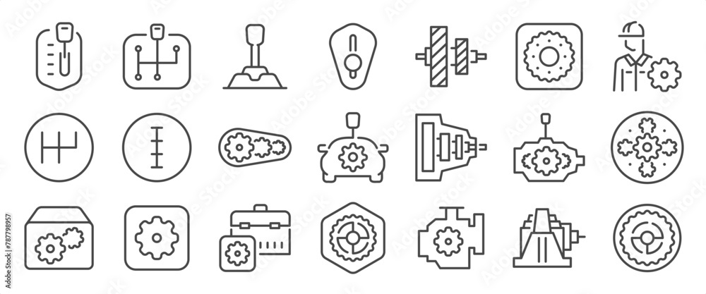 Gearbox icon set. It includes process, gear, gears, manual transmission, automatic, transmission shaft, case, and more icons. Editable Vector Stroke. Gearbox icon set. It includes process, gear, gears, manual transmission, automatic, transmission shaft, case, and more icons. Editable Vector Stroke.