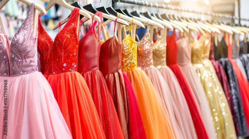   A row of dresses draped on a rack in a clothing store, with additional racks displaying more dresses behind