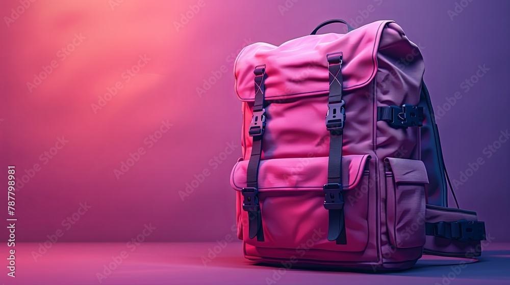 A pink backpack with black straps and buckles sits on a magenta to purple gradient background. - obrazy, fototapety, plakaty 