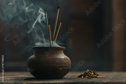   A tight shot of a pot on a table, filled with sticks emerging from its top