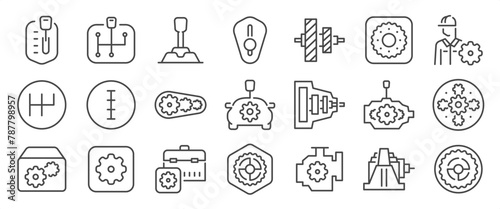 Gearbox icon set. It includes process, gear, gears, manual transmission, automatic, transmission shaft, case,  and more icons. Editable Vector Stroke.