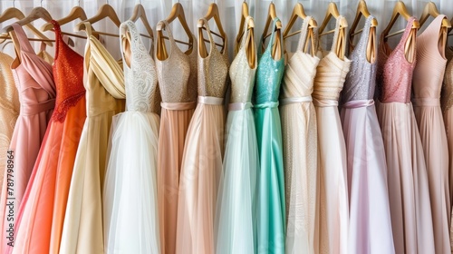   A line of bridesmaid dresses dangles from a rack before a window The curtained backdrop frames the scene photo