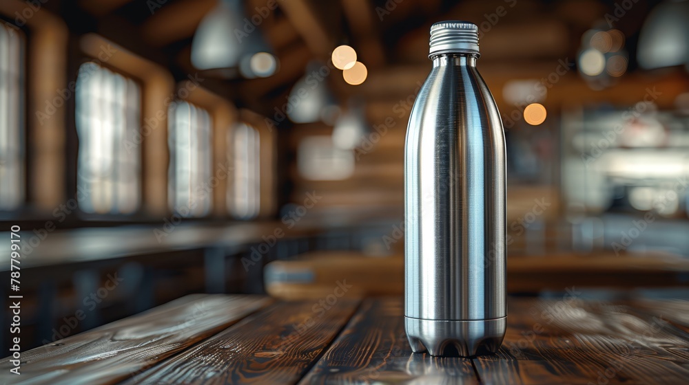 A stainless steel water bottle rests on a wooden table, near a wooden bench, in a restaurant or café A stainless steel water bottle rests on a wooden table, near a wooden bench, in a restaurant or café