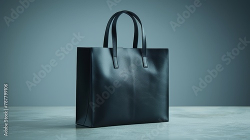  A black tote bag sits atop a white table, near a gray wall, with another gray wall behind it