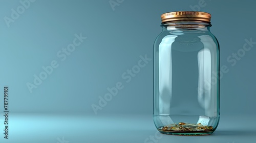   A blue surface holds a jar topped with gold-capped coins The jar is filled