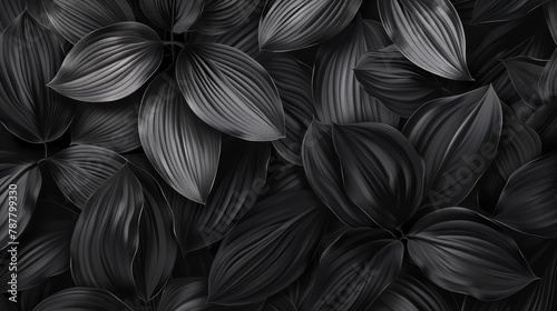   A monochrome image of an array of flowers with accompanying foliage against a stark black and white backdrop photo