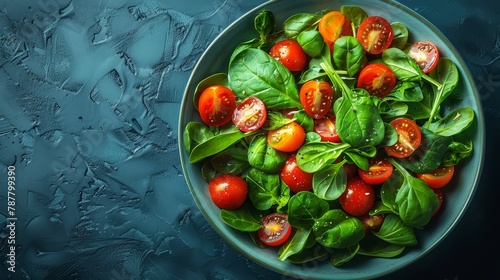   A bowl of spinach and tomato salad against a blue backdrop, adorned with water droplets along the edge