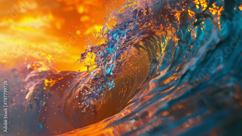 A closeup of a wave reveals vibrant colors and the setting sun in the background, with the wave gently rolling over, creating a dynamic scene.