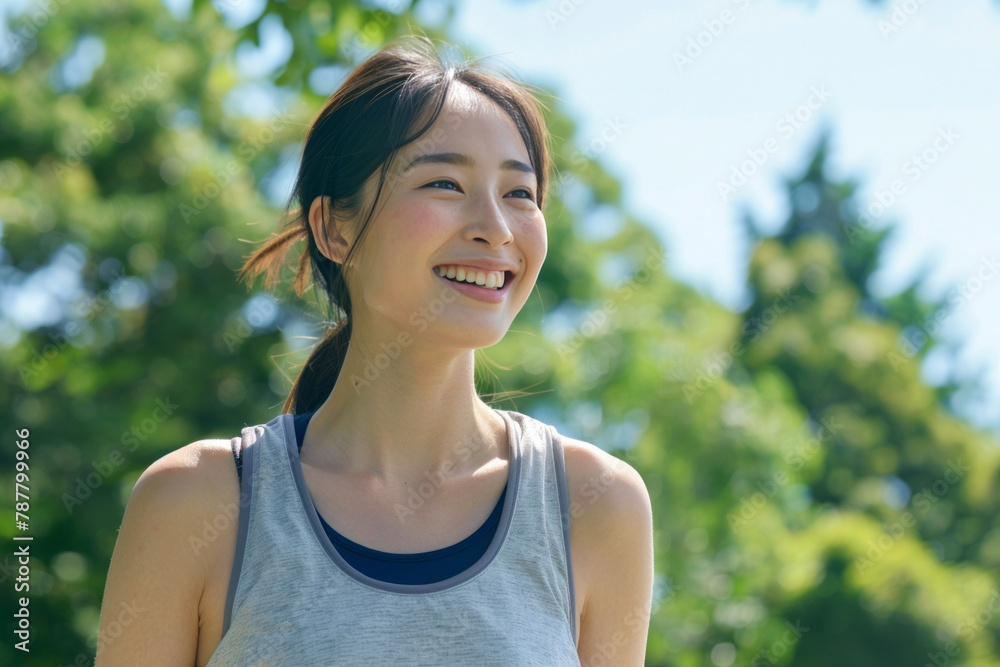 A woman in her thirties, wearing sportswear, smiles as she exercises outside on a sunny day, with green trees behind her. A woman in her thirties, wearing sportswear, smiles as she exercises outside on a sunny day, with green trees behind her.