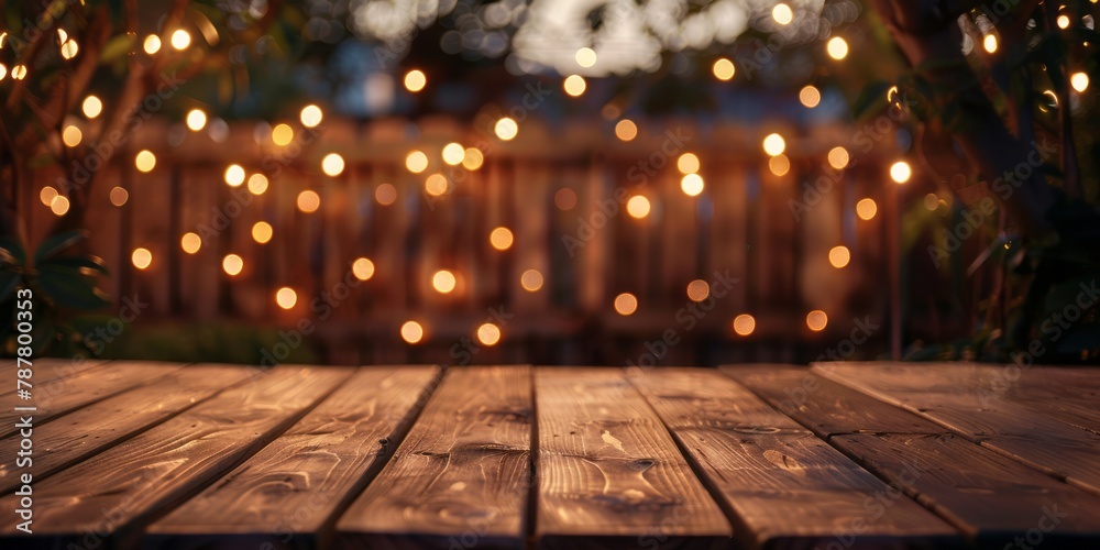 An empty wooden tabletop against a blurred background of string lights and a dark wood fence. - obrazy, fototapety, plakaty 