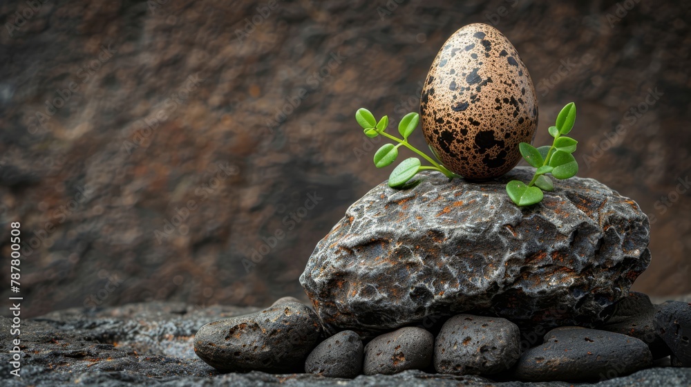   An egg atop a rock with a plant sprouting from its shell