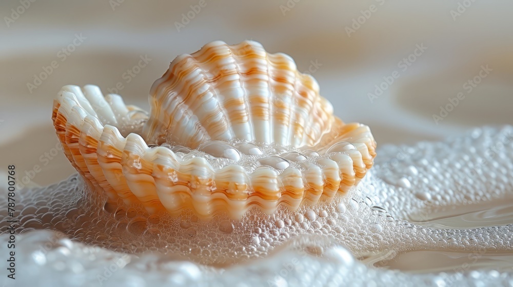 A tight shot of a seashell atop a white fabric, adorned with water droplets nestled at its base A tight shot of a seashell atop a white fabric, adorned with water droplets nestled at its base