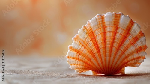  A tight shot of a seashell on sandy ground, background softly blurred