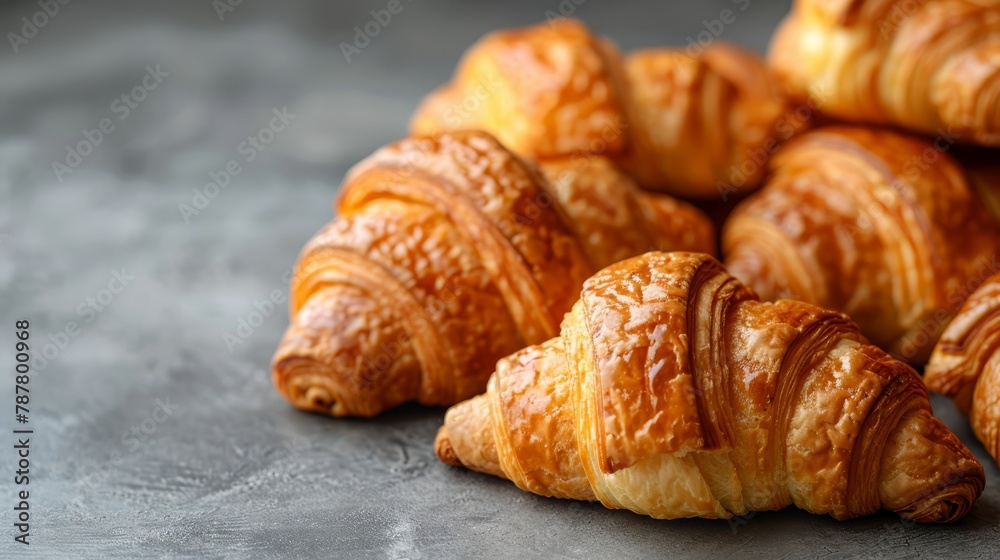   A stack of croissants aligned on a metal surface, surrounded by more in the background