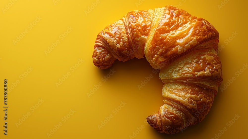 one bitten..Or, for a more descriptive version:..A croissant placed against a sunlit yellow backdrop, its one bitten..Or, for a more descriptive version:..A croissant placed against a sunlit yellow backdrop, its