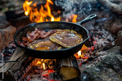 A camping scene showcases a cast iron pan filled with pancakes and bacon, placed on an open fire pit surrounded by flickering flames.