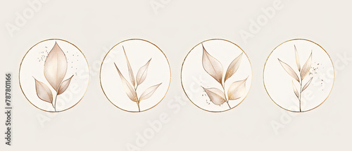 three oval mirrors with leaves on them are hanging on a wall
