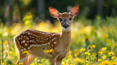  A young deer gazes at the camera from a field of wildflowers, displaying an attentive expression